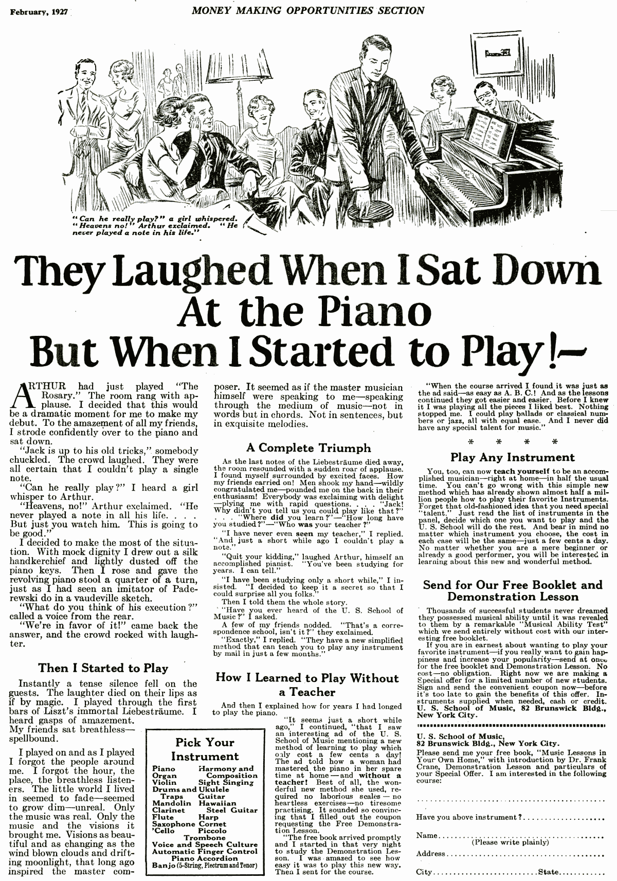 The piano ad. A drawing of a young man at a piano with guests watching, over the headline They Laughed When I Sat Down At the Piano But When I Started to Play. Columns of story below, and a coupon at the foot.